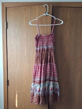 Boho Tiered Smocked Sun Dress in Red Multi